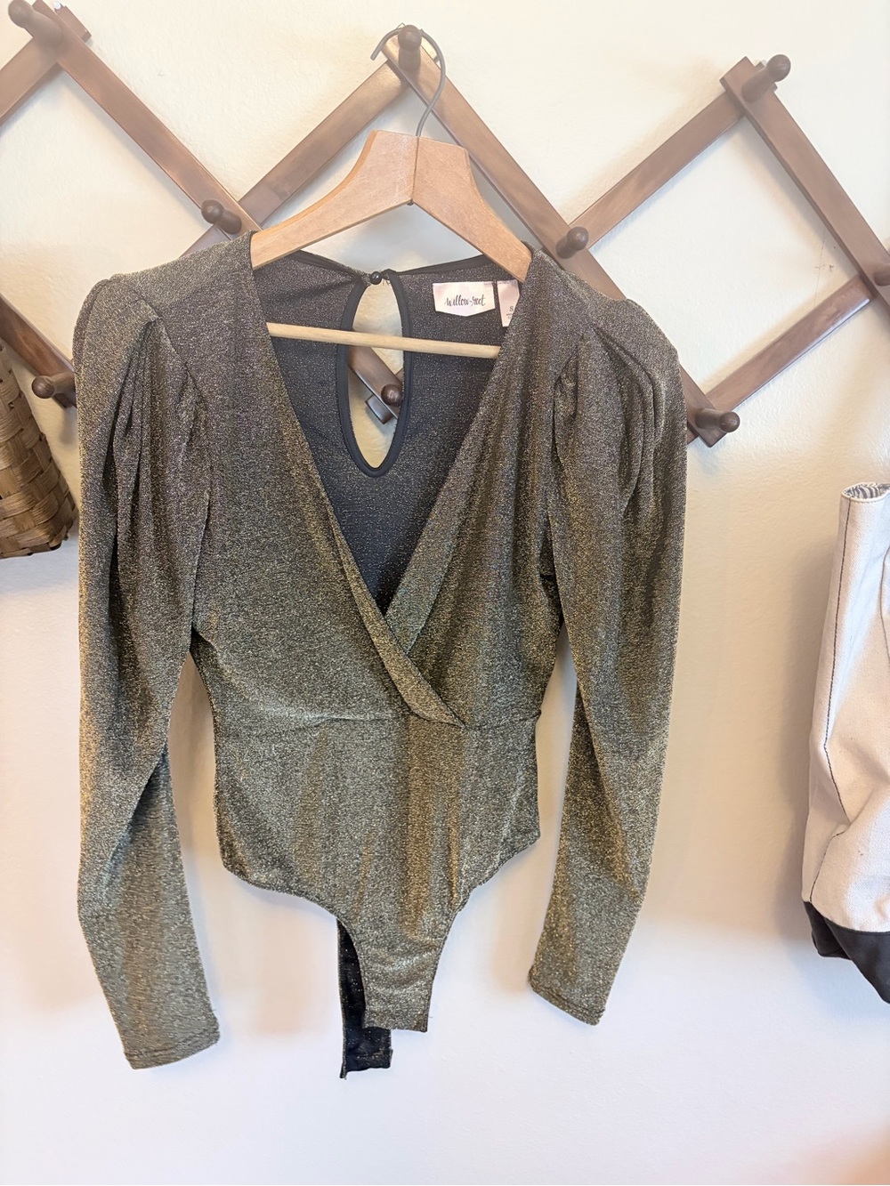 Willow Metallic Olive-Grey Wrap Puff-Sleeve Bodysuit
